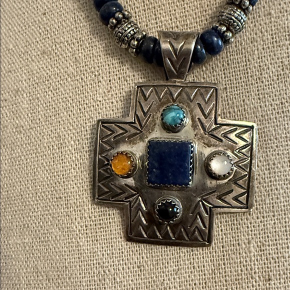 Handmade Sterling Silver and Blue Lapis Beaded Necklace with Multicolor Pendant - Picture 2 of 6